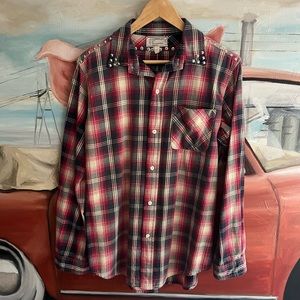 Current/Elliott The Perfect School Shirt Red Revival Plaid with Studs